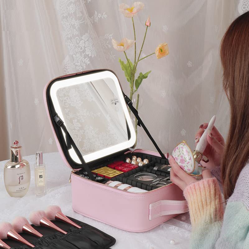 Large capacity LED mirror makeup bag, multifunctional DIY partition storage box, portable waterproof makeup case for women